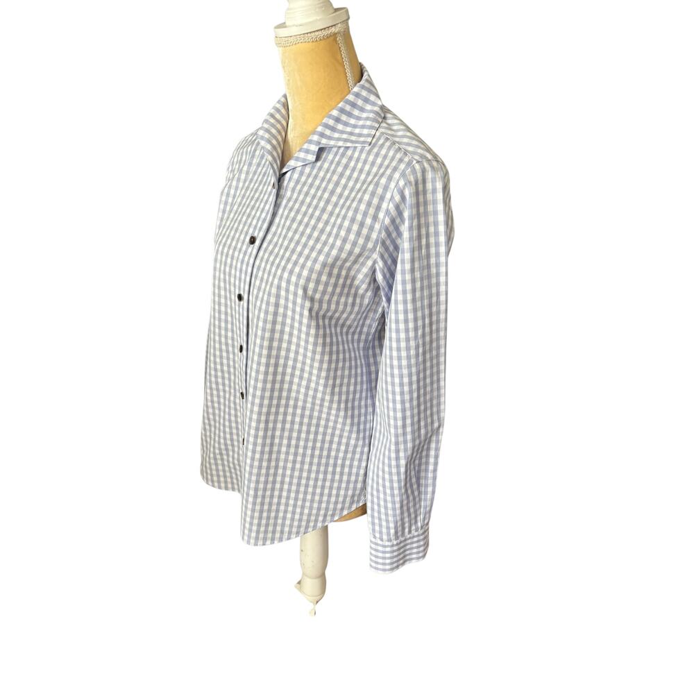 Lafayette 148 New York Poplin Button Up Shirt Blue Gingham Check Size XS FLAW - Picture 3 of 15